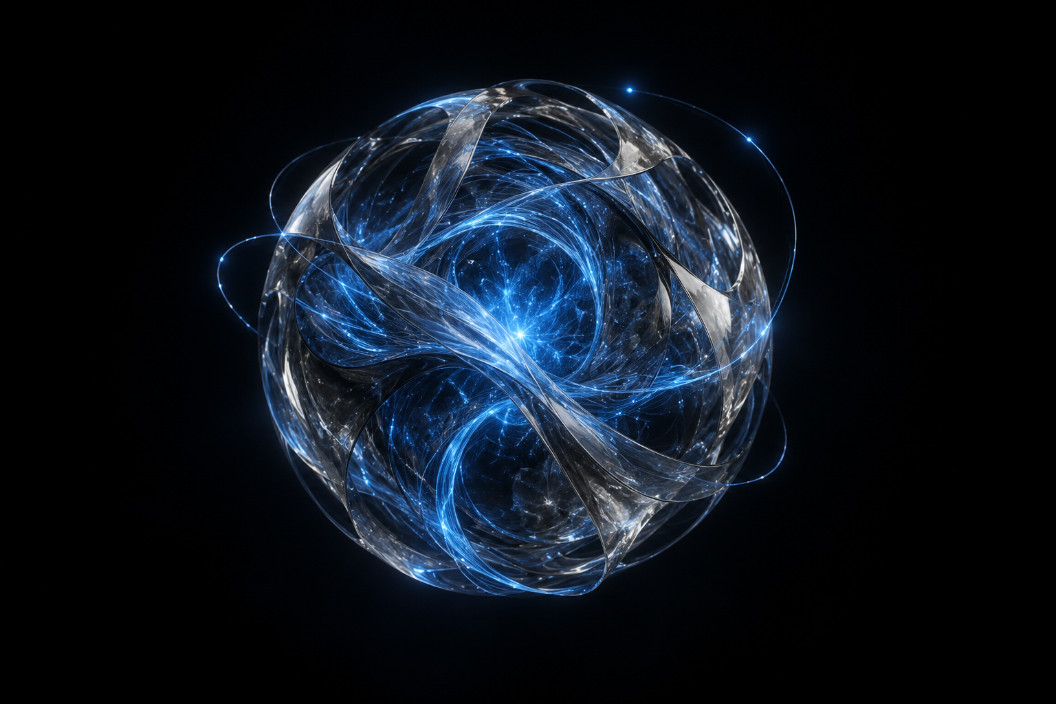 A sculptural sphere of silver ribbons and electric blue connections.